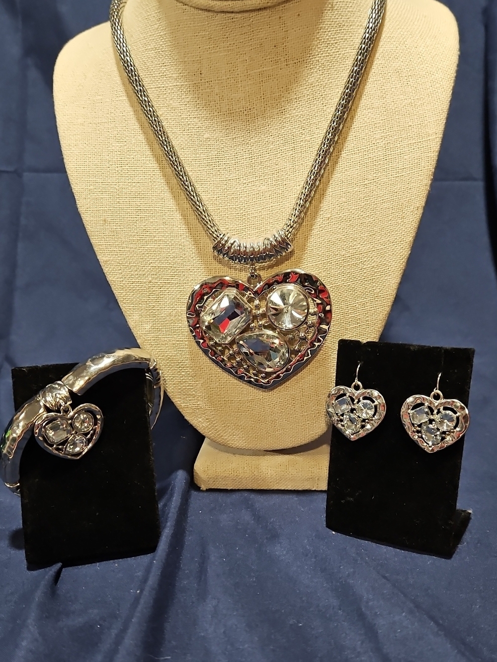Silver Heart Crystal Necklace, Bracelet & Earrings Set - Silver